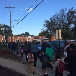 Students, parents, and faculty participate in a Walk to School Day event at Ginter Park Elementary on October 7. 2015.